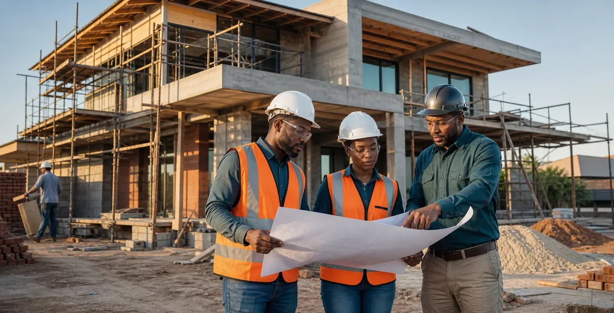 Construction professionals reviewing plans on a residential building site