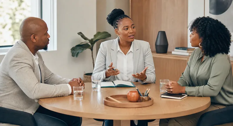 Professional mediator facilitating a calm office discussion
